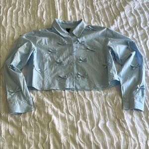Wild Fable Light Blue Cropped Shirt with Bow Accents